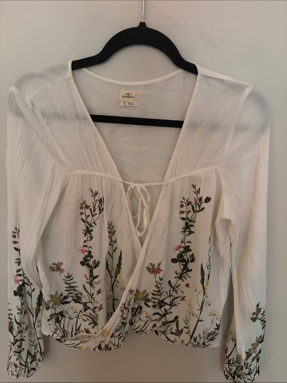 O'Neill White Floral Embroidered Tie-Front Blouse